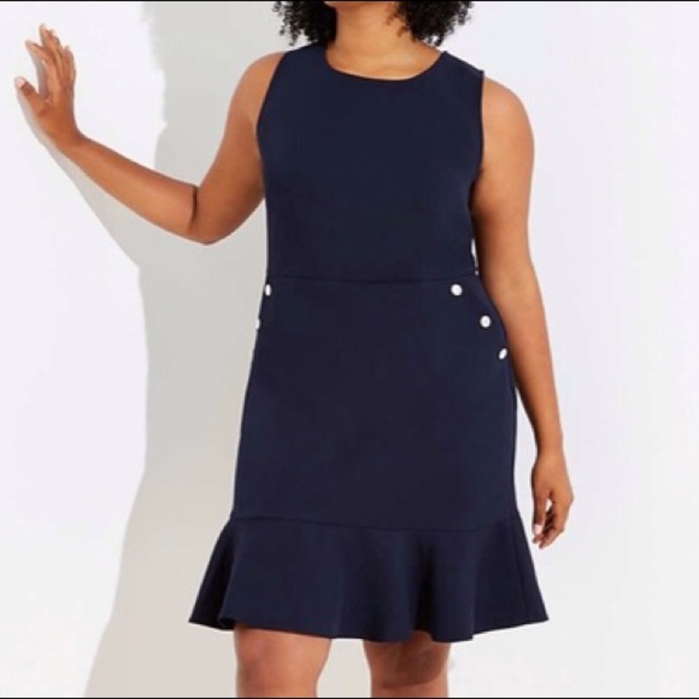 Navy blue LOFT plus flounce hem dress pearl button